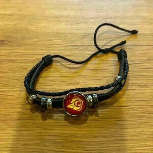 Bracelet black leather adjustable with main charm and silver beaded accents